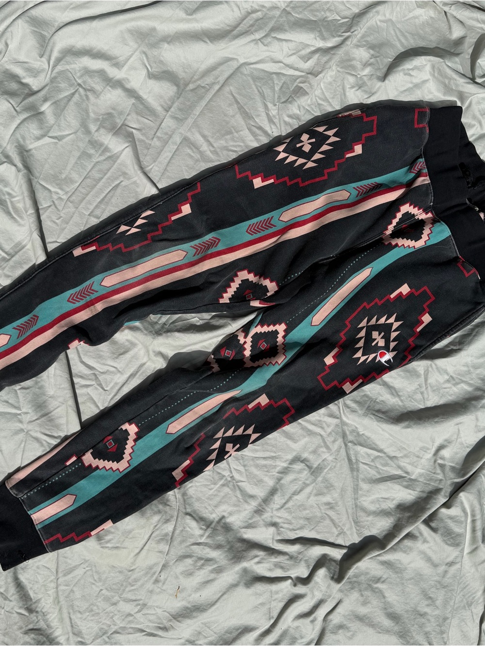 Champion Black Joggers with Teal and Burgundy Aztec Print
